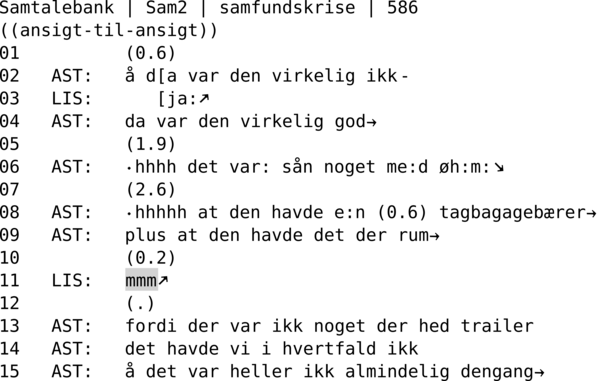 SAMTALEBANK | SAM2 | SAMFUNDSKRISE | 586  ((ansigt-til-ansigt)) 01          (0.6) 02   AST:   å d[a var den virkelig ikk- 03   LIS:      [ja:↗ 04   AST:   da var den virkelig god→ 05          (1.9) 06   AST:   ∙hhhh det var: sån noget me:d øh:m:↘ 07          (2.6) 08   AST:   ∙hhhhh at den havde e:n (0.6) tagbagagebærer→ 09   AST:   plus at den havde det der rum→ 10          (0.2) 11   LIS:   mmm↗ 12          (.) 13   AST:   fordi der var ikk noget der hed trailer 14   AST:   det havde vi i hvertfald ikk 15   AST:   å det var heller ikk almindelig dengang→