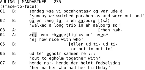 AULING | MANDARINER | 235  ((face-to-face))  01   B:     søndag >så vi pocahontas< og var ude å             'sunday we watched pocahontas and were out and' 02   B:     gå en lang tur i øh aalborg [(så)             'walked a long trip in eh aalborg so' 03   A:                                 [rhgh høh- 04   A:     >ej hvor ↑hygge[ligt↘< me' hvem↗             'ej how nice with who' 05   B:                     [eller ud ti- ud ti-                             'or out to out to' 06   B:     ud te' egholm sammen me':::             'out to egholm together with' 07   B:     hende na:- hende der holdt fødselsdag             'her na her who had her birthday'