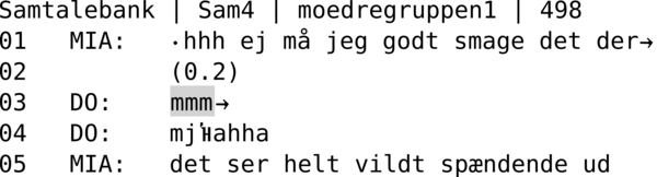 SAMTALEBANK | SAM4 | MOEDREGRUPPEN1 | 498 01   MIA:   ∙hhh ej må jeg godt smage det der→ 02          (0.2) 03   DO:    mmm→ 04   DO:    mjἩahha 05   MIA:   det ser helt vildt spændende ud