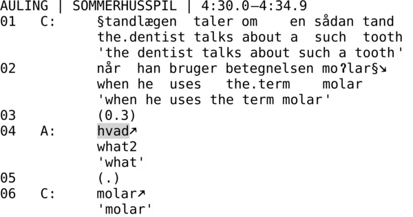 AULING | SOMMERHUSSPIL | 4:30.0–4:34.9 01   C:     §tandlægen  taler om    en sådan tand              the.dentist talks about a  such  tooth              'the dentist talks about such a tooth' 02          når  han bruger betegnelsen moʔlar§↘             when he  uses   the.term    molar             'when he uses the term molar' 03          (0.3) 04   A:     hvad↗             what2             'what' 05          (.) 06   C:     molar↗             'molar'