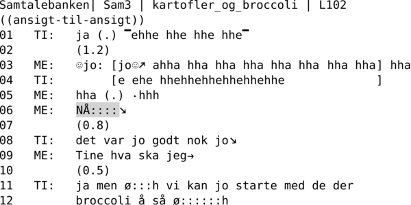 SAMTALEBANK| SAM3 | KARTOFLER_OG_BROCCOLI | L102  ((ansigt-til-ansigt)) 01   TI:   ja (.) ▔ehhe hhe hhe hhe▔ 02         (1.2) 03   ME:   ☺jo: [jo☺↗ ahha hha hha hha hha hha hha hha] hha 04   TI:        [e ehe hhehhehhehhehhehhe             ] 05   ME:   hha (.) ∙hhh 06   ME:   NÅ::::↘ 07         (0.8) 08   TI:   det var jo godt nok jo↘ 09   ME:   Tine hva ska jeg→ 10         (0.5) 11   TI:   ja men ø:::h vi kan jo starte med de der 12         broccoli å så ø::::::h