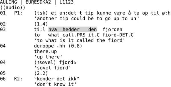 AULING | EURESDKA2 | L1123 ((audio)) 01 P1: (tsk) et an:det t tip kunne være å ta op til ø:h 'another tip could be to go up to uh' 02 (1.4) 03 ti:l hva hedder den fjorden to what call.PRS it.C fiord-DET.C 'to what is it called the fiord' 04 deroppe ∙hh (0.8) there.up 'up there' 04 (↑sovel) fjord↘ 'sovel fiord' 05 (2.2) 06 K2: °kender det ikk° 'don’t know it'