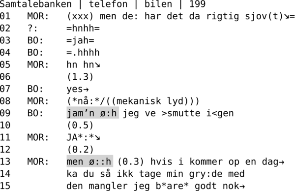 SAMTALEBANK | TELEFON | BILEN | 199 01   MOR:   (xxx) men de: har det da rigtig sjov(t)↘= 02   ?:     =hnhh= 03   BO:    =jah= 04   BO:    =.hhhh 05   MOR:   hn hn↘ 06          (1.3) 07   BO:    yes→ 08   MOR:   (*nå:*/((mekanisk lyd))) 09   BO:    jam’n ø:h jeg ve >smutte i<gen 10          (0.5) 11   MOR:   JA*:*↘ 12          (0.2) 13   MOR:   men ø::h (0.3) hvis i kommer op en dag→ 14          ka du så ikk tage min gry:de med 15          den mangler jeg b*are* godt nok→