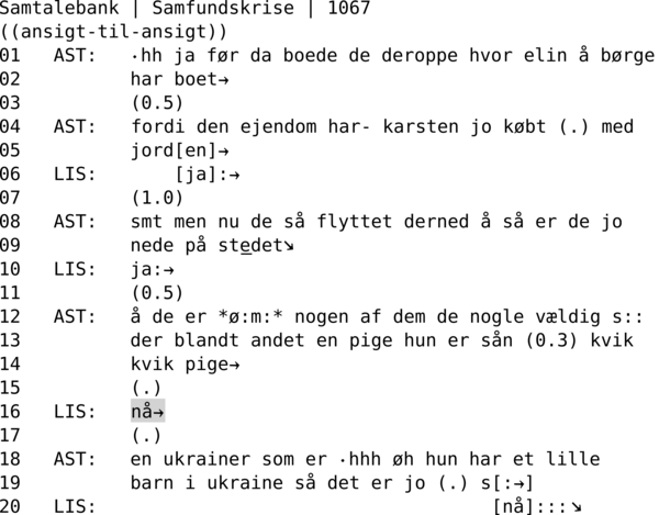 SAMTALEBANK | SAMFUNDSKRISE | 1067  ((ansigt-til-ansigt)) 01   AST:   ∙hh ja før da boede de deroppe hvor elin å børge 02          har boet→ 03          (0.5) 04   AST:   fordi den ejendom har- karsten jo købt (.) med 05          jord[en]→ 06   LIS:       [ja]:→ 07          (1.0) 08   AST:   smt men nu de så flyttet derned å så er de jo 09          nede på stedet↘ 10   LIS:   ja:→ 11          (0.5) 12   AST:   å de er *ø:m:* nogen af dem de nogle vældig s:: 13          der blandt andet en pige hun er sån (0.3) kvik 14          kvik pige→ 15          (.) 16   LIS:   nå→ 17          (.) 18   AST:   en ukrainer som er ∙hhh øh hun har et lille 19          barn i ukraine så det er jo (.) s[:→] 20   LIS:                                    [nå]:::↘